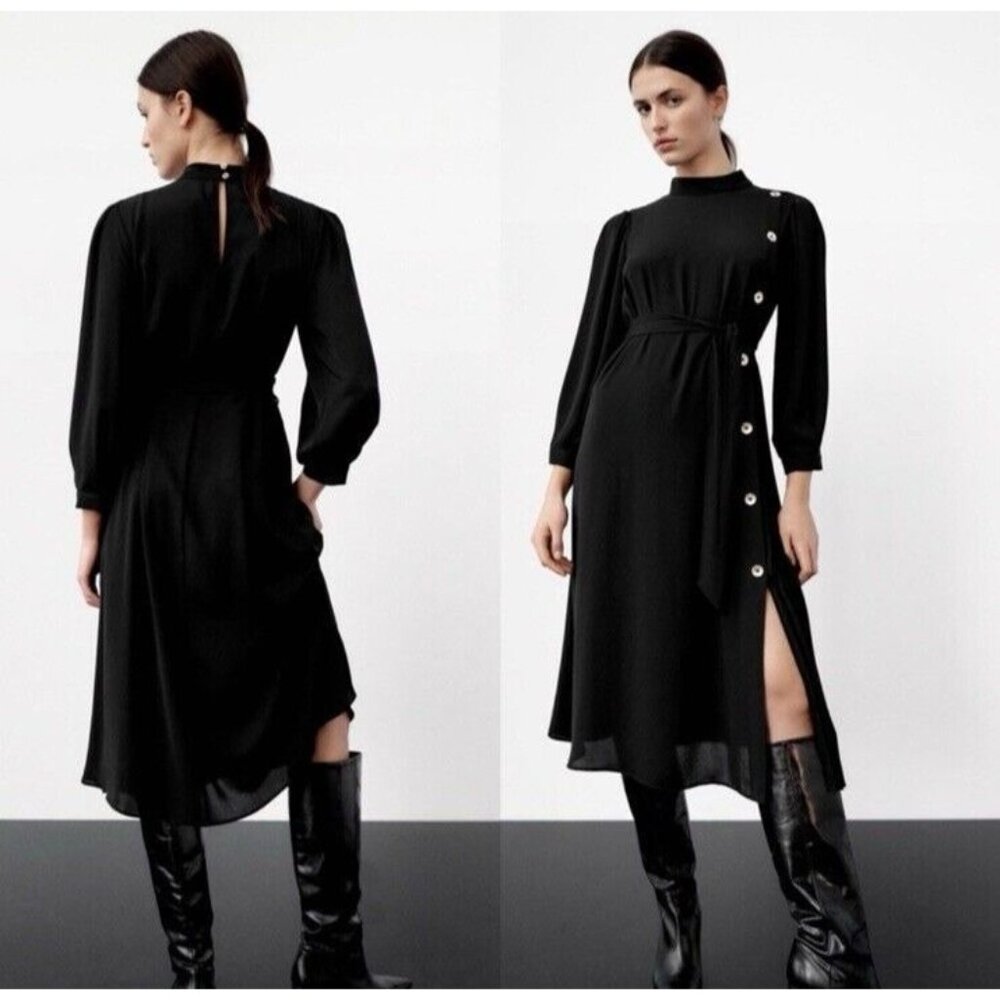 Zara Midi Dress M Medium Black Long Sleeve Side Pleat Belt NEW